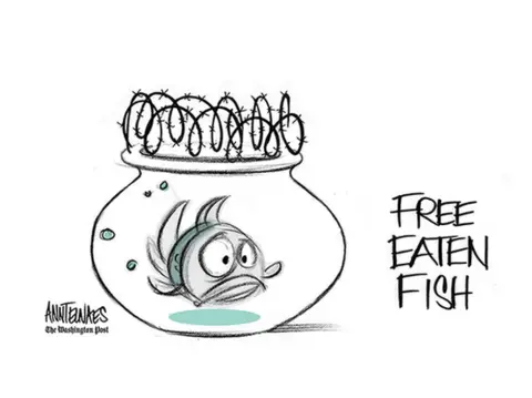 Ann Telnaes / Washington Post Cartoon by Ann Telnaes showing a fish in a fishbowl surrounded by barbed wire