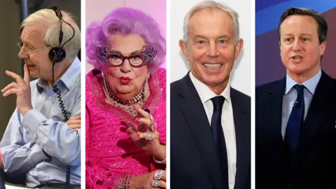 PA Media John Humphrys, Dame Edna Everage, Tony Blair and David Cameron