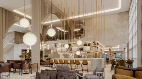 Leisure & Co Hotel Ltd An artist's impression of the hotel lobby with hanging golden lights. 