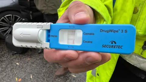 George Carden/BBC A drug test kit which has two lines highlighted inside a blue and gray plastic case which indicate a positive weed and cocaine result