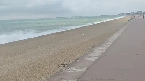 Seabrook beach, in Kent. There is a long stretch of sand in front of the sea with a path alongside. 