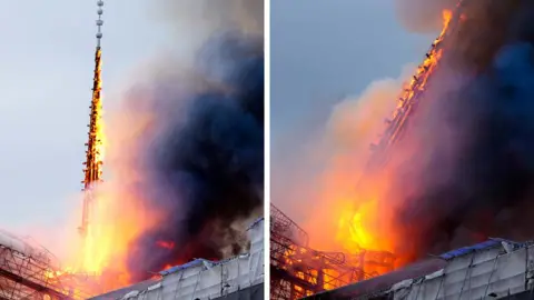 Firefighters spray water to extinguish a fire that broke out in the Copenhagen's Stock Exchange building, in Copenhagen, on 16 April 2024