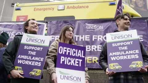 PA Media Ambulance workers on a picket line in London during a strike