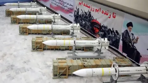 Getty Images Sayyad-3 missiles on display at an undisclosed location in Iran, 22 July 2017