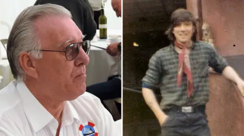 A composite of Brian Chambers as a young man and now. On the right, he has greying short hair and is wearing sunglasses and a white shirt with a life ring logo embroidered on the front. He is sitting at a table and looking to the right of frame. On the left, Chambers is standing with one hand in his pocket and the other on a banister. He has mid-length black hair and is wearing a red scarf and green-checked shirt. He is smiling at the camera.