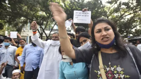 Getty Images Bhim Army Sena activist protesting against after the alleged death of 19 year old from Hathras, Uttar Pradesh at Safdarjung hospital on September 29, 2020 in New Delhi, India.