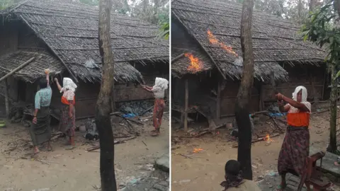 BBC / handout A photo comp showing three people at work calmly seeting a home alight, left, and right, a woman with a cloth on her head waves a knife around in a post as the fire catches