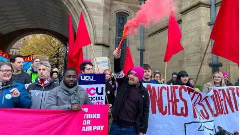 BBC Staff and students protesting outside the University of Manchester