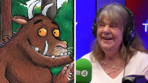 Composite image showing The Gruffalo on the left and author Julia Donaldson on the right