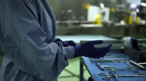 A pathologist in a blue gown puts on a pair of surgical blue gloves in preparation for an autopsy. Steel medical tools are laid out on a table in front of them and a flat surgical table to the side.