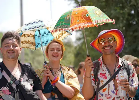 PA Media Festival-goers using parasols to protect them from the sun at Glastonbury