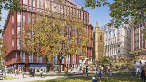 FEILDEN CLEGG BRADLEY STUDIOS/MPEC Design drawing of three large modern office buildings and a church tower between them. People are walking in front of the building and sitting in a park. 