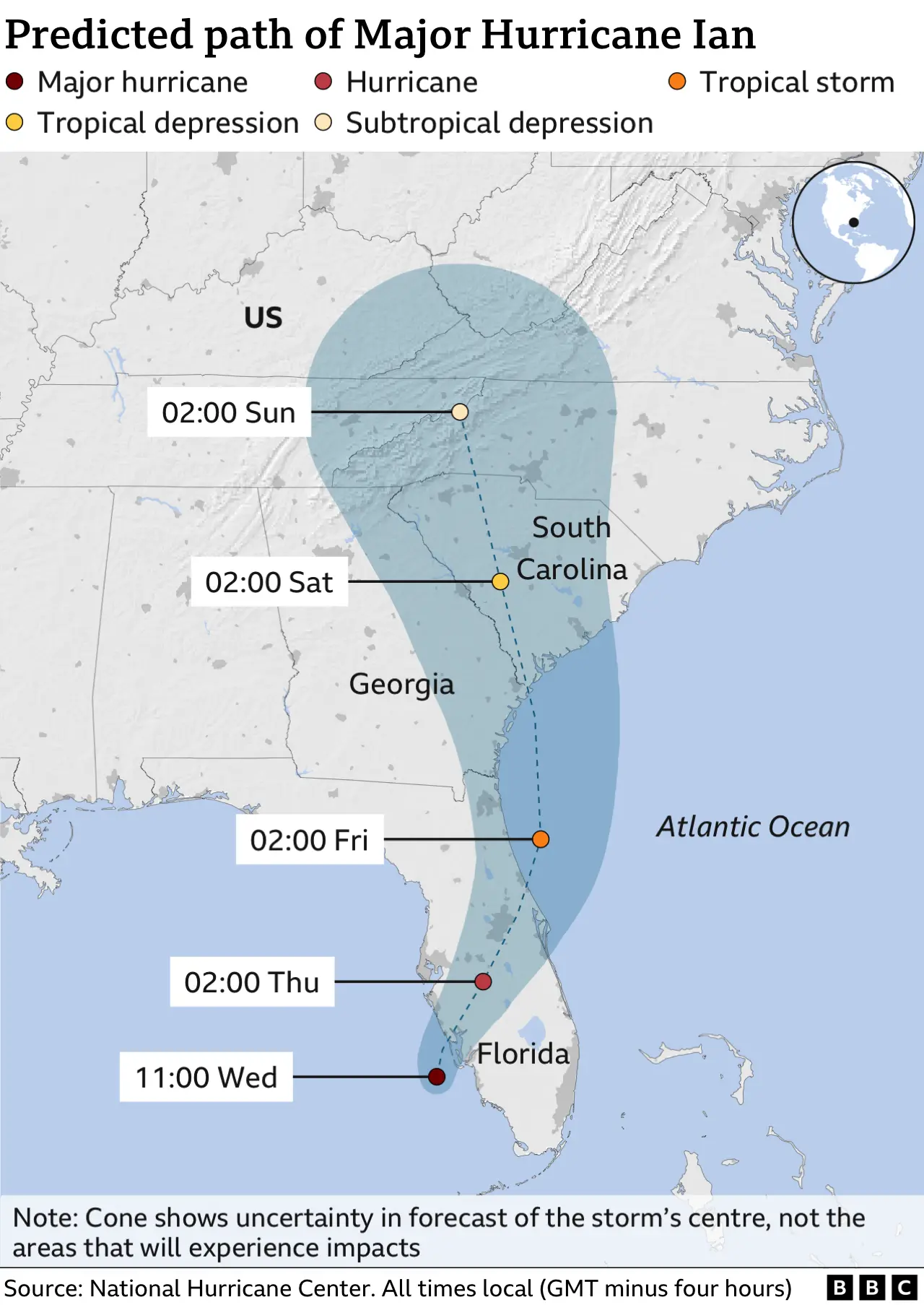 Graphic showing the expected path of Hurricane Ian. Updated September 28.