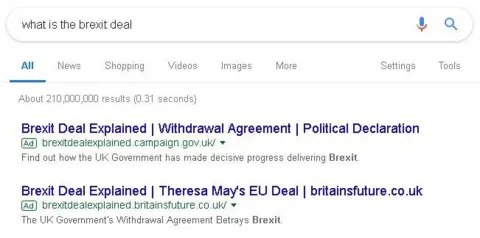 Google Two promoted links for and against the Brexit deal