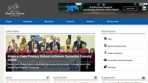 Blaenau Gwent council a screen grab of Blaenau Gwent council's page with adverts