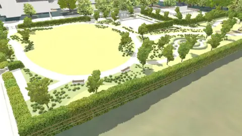 Government of Jersey An architect's simulation showing the proposed public gardens viewed from above. A hedge runs around the rectangle-shaped area. There are trees, shrubs and benches arranged in patterns and a round circular area is totally open, perhaps designed to be a lawn. 