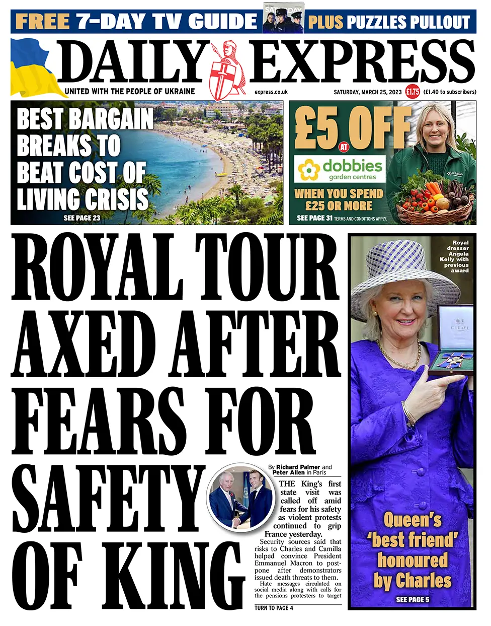 Front page of the Daily Express, 25/03/2023