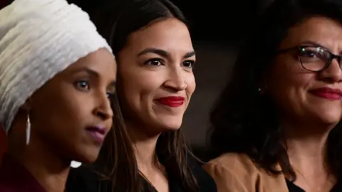 Reuters Faces of Rep Ilhan Omar, Democrat of Minnesota, left, shown with Alexandria Ocasio-Cortez of Queens, New York, and Rashida Tlaib of Michigan, spoke out against the president