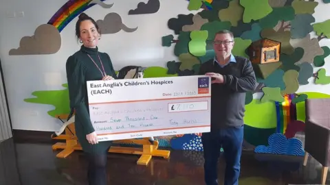 East Anglia's Children's Hospices Tony Harris handing a cheque to Ali Butler from EACH