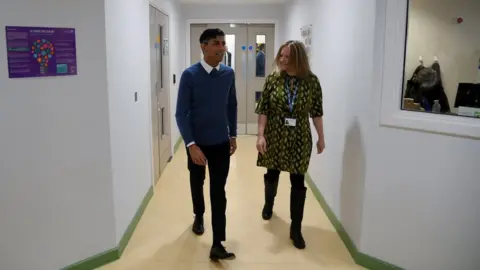 PA Media Rishi Sunak with Anne Rackham, Director of Mental Health at Northamptonshire Health Trust at Berrywood Hospital in Northampton