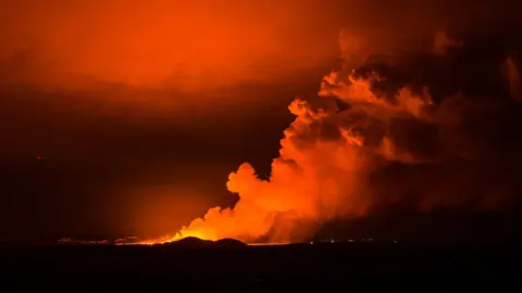 Tower of smoke and glowing orange sky seen from a distance