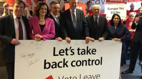 Vote Leave Group photo of ministers including Chris Grayling and Michael Gove, part of the out campaign / Vote Leave, Take Control campaign, holding a signed banner - slogan: Let's take back control