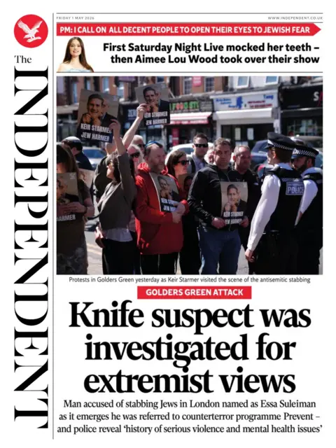 The headline on the front page of the Independent reads: “Knife suspect was investigated for extremist views”.