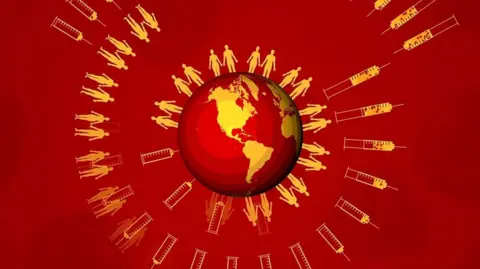 People and syringes hovering around a globe graphic