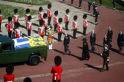 PA Media Princess Anne, Princess Royal, Prince Charles, Prince of Wales, Prince Andrew, Duke of York, Prince Edward, Earl of Wessex, Prince William, Duke of Cambridge, Peter Phillips, Prince Harry, Duke of Sussex, Earl of Snowdon David Armstrong-Jones and Vice-Admiral Sir Timothy Laurence follow Prince Philip, Duke of Edinburgh's coffin during the Ceremonial Procession during the funeral of Prince Philip, Duke of Edinburgh at Windsor Castle on April 17, 2021 in Windsor, England.