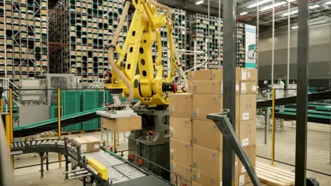 DJ McLaren/BBC A yellow robotic arm, which is lifting a cardboard box and appears to be lowering it towards a conveyor belt. There is a neat stack of other boxes arranged next to the arm. The arm is located inside a large warehouse. Behind it are huge racks of shelves containing thousands of cardboard boxes.
