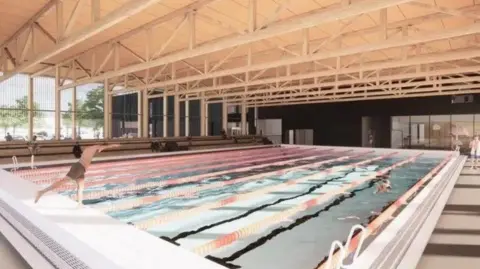 Newcastle City Council A computer generated image of a new swimming pool with someone diving in.