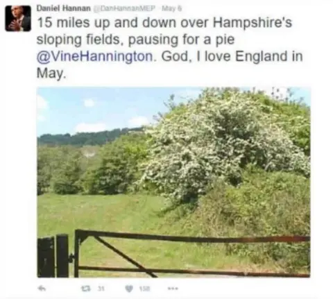 John Ball / @DanHannaMEP Screengrab of Tweet: @DanHannanMEP: "15 miles up and down over Hampshire's sloping fields, pausing for a pie @vinehannington. God, I love England in May."