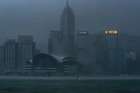 AFP Victoria Harbour during the approach of super Typhoon Mangkhut to Hong Kong on September 16, 2018