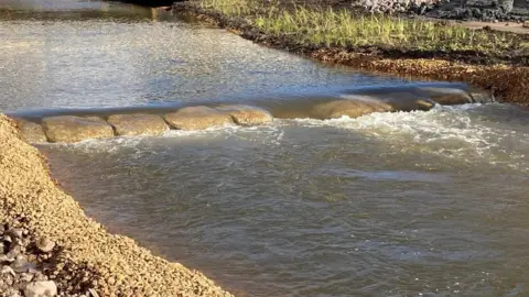 Wiltshire Council The River Avon's channel in Salisbury, with flowing water and a small rock weir