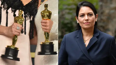 Getty Images Oscar trophies and Priti Patel