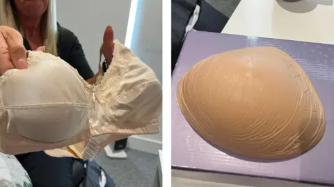BBC/Kay Davidson Two photos side-by-side. On the left, Jo holds up a beige bra designed to accomodate implants. On the right is a prostethic breast on a table, which looks slightly spongey and is a shade of light brown.