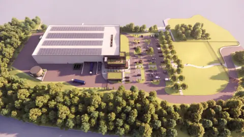 Vygon UK An AI-generated birds-eye image of the new Vygon headquarters and its car park surrounded by green space and trees. 