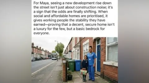 Sureena Brackenridge An AI edited image of a street shows a woman in a blue nurses uniform, standing next to a terraced house with a schoolgirl in a dark blue jumper holding a multi coloured school bag. A bus is approaching in the background.