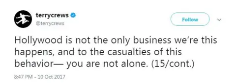 Twitter "Hollywood is not the only business we're this happens, and to the casualties of this behavior— you are not alone. (15/cont.)"