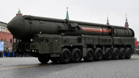 Getty Images A Russian intercontinental ballistic missile system on a military parade in Moscow, 9 May 2019