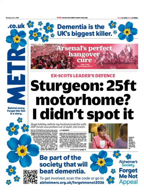 The Metro headlines reads 'Sturgeon: 25ft motorhome? I didn't spot it'