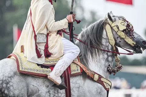 ISSAM ZERROK/ HANS LUCAS / AFP / GETTY IMAGES A man dressed in white embroidered clothing rides a horse wearing ornate tack.