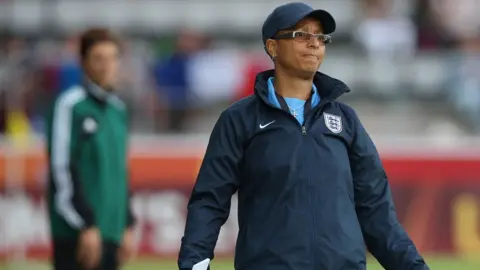 Getty Images Former England boss Hope Powell managing England in 2013.