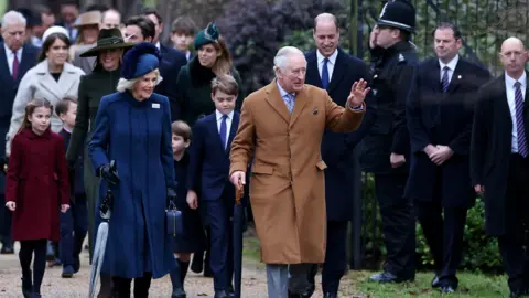 Getty Images King Charles and members of the Royal Family attending a church service on the Sandringham estate on Christmas Day