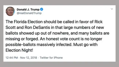 Twitter Trump tweet: The Florida Election should be called in favor of Rick Scott and Ron DeSantis in that large numbers of new ballots showed up out of nowhere, and many ballots are missing or forged. An honest vote count is no longer possible-ballots massively infected. Must go with Election Night!