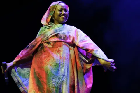 Getty Images Saharawi singer Aziza Brahim performs during the Nomadablues concert at the Condeduque center in Madrid, Spain - Friday 24 March 2023