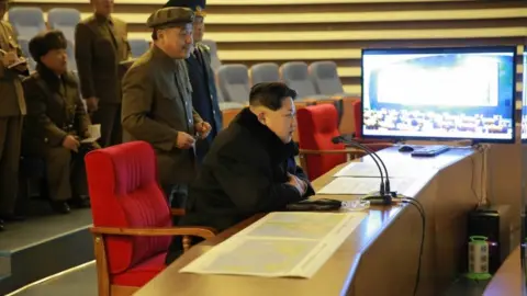 EPA Kim Jong-un watches the launch of the Kwangmyongsong 4 satellite in February 2016