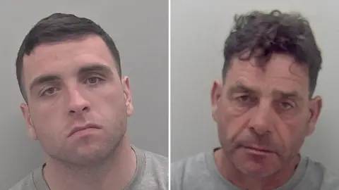 Kent Police Two police mugshots side by side. One shows a younger man and the other shows an older man. Both are frowning.