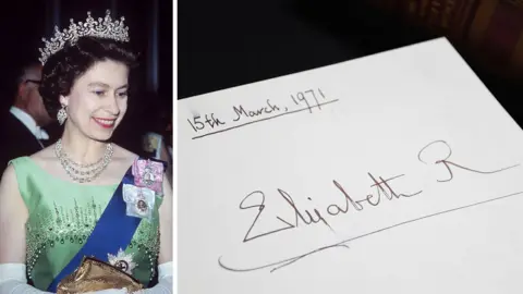 Getty Images A composite image shows an image of Queen Elizabeth II wearing royal robes and crown in May 1971, and, on the right, a photo of the page she signed in the Downing Street book in March 1971.