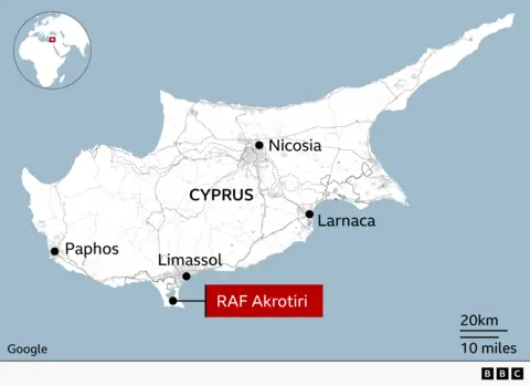 Locator map of Cyprus showing the location of RAF Akrotiri on the island's southern coast. RAF Akrotiri is highlighted in a red label with a pointer to a black dot on the Akrotiri peninsula, just southwest of Limassol. Nicosia is marked near the centre-north of the island; Larnaca is shown on the southeast coast; Limassol is marked on the south coast west of Larnaca; and Paphos is shown on the southwest coast. The island is displayed in light grey with roads and boundaries marked, surrounded by a pale blue sea. An inset map in the top-left corner shows Cyprus's location in the eastern Mediterranean.